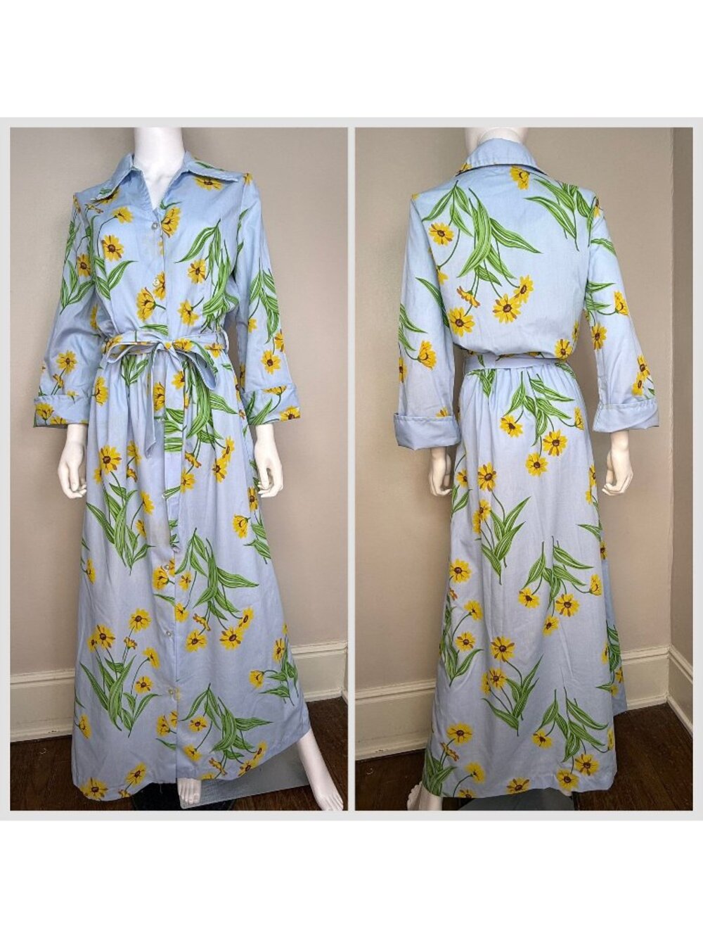 Vintage 1970s Blue Floral Maxi Shirt Dress, Sears Size Large Tall